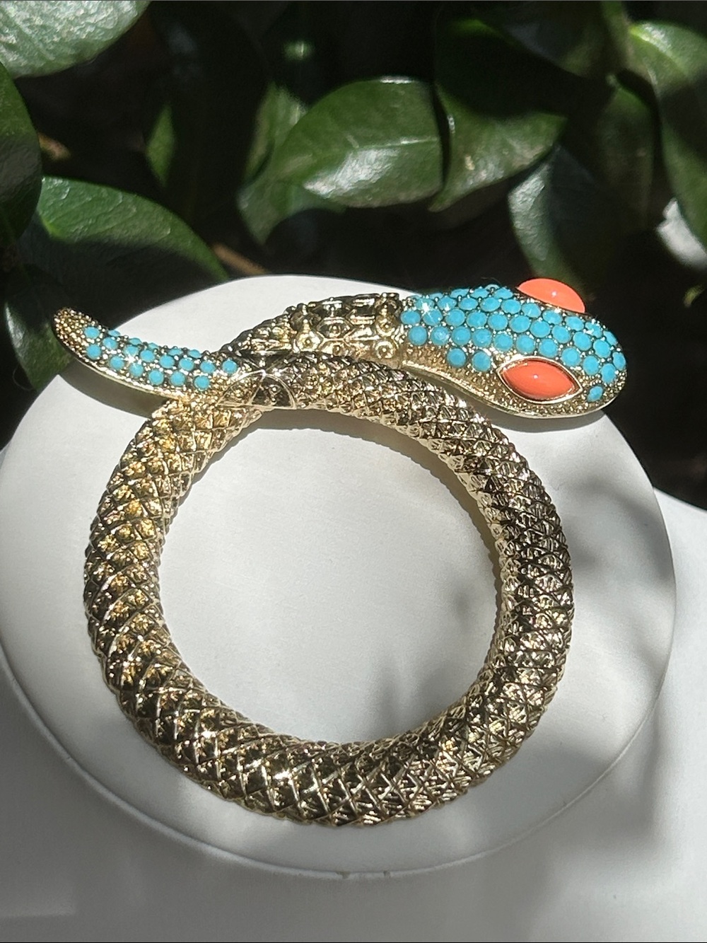 Vintage Graziano Gold Tone Snake Pendant with Turquoise and Coral Accents